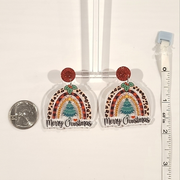 Leopard Print Plaid Merry Christmas Rainbow Dangle Fashion Earrings - Picture 8 of 10